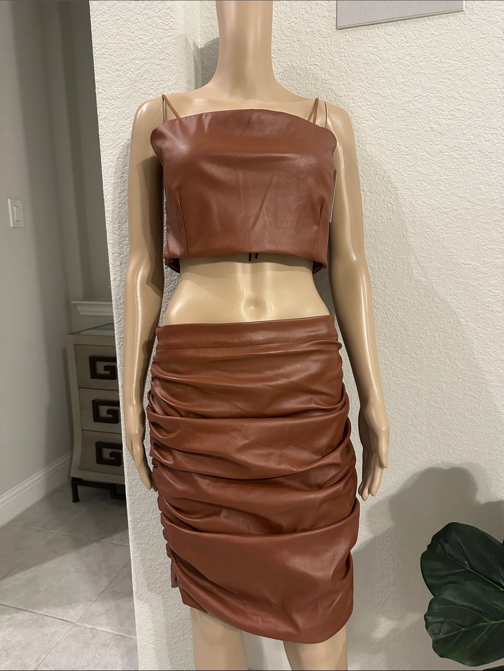 Brown Faux Leather Ruched Midi Skirt Set- Women